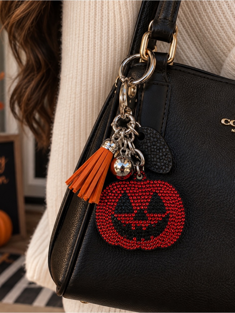 Bulk of 12- Orange and Black Halloween Pumpkin Keychain/Bagcharm with Tassel - Picture 3 of 6